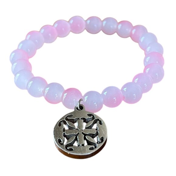 Rustic Cuff Pink Glass Beads Silver Logo Bracelet - Picture 1 of 3